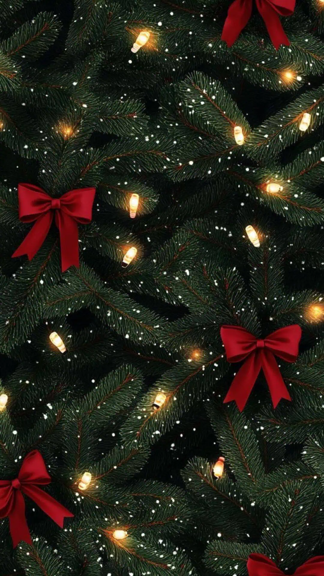 Classic Christmas iPhone wallpaper with green pine branches, glowing string lights, red bows, and falling snow for a festive holiday background.