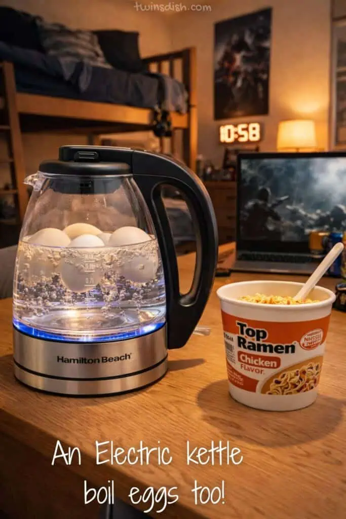 electric kettle boiling eggs next to cup ramen on dorm desk boys dorm room essentials easy college cooking hack