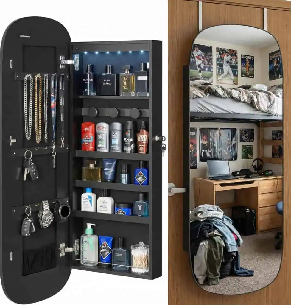 Compact over-the-door hanging vanity cabinet for boys dorm rooms, featuring a mirror, key hooks, watch storage, and shelves for cologne and grooming essentials.