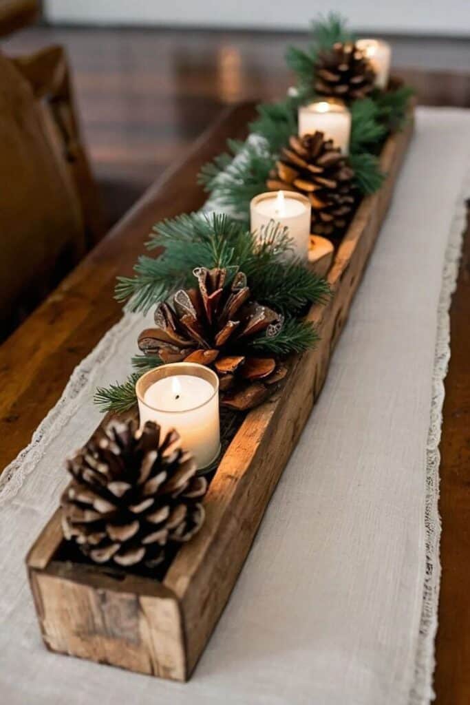 Rustic Christmas centerpiece with pinecones, evergreen sprigs, and candles arranged in a wooden trough box — cozy forest decor trend for 2025.
