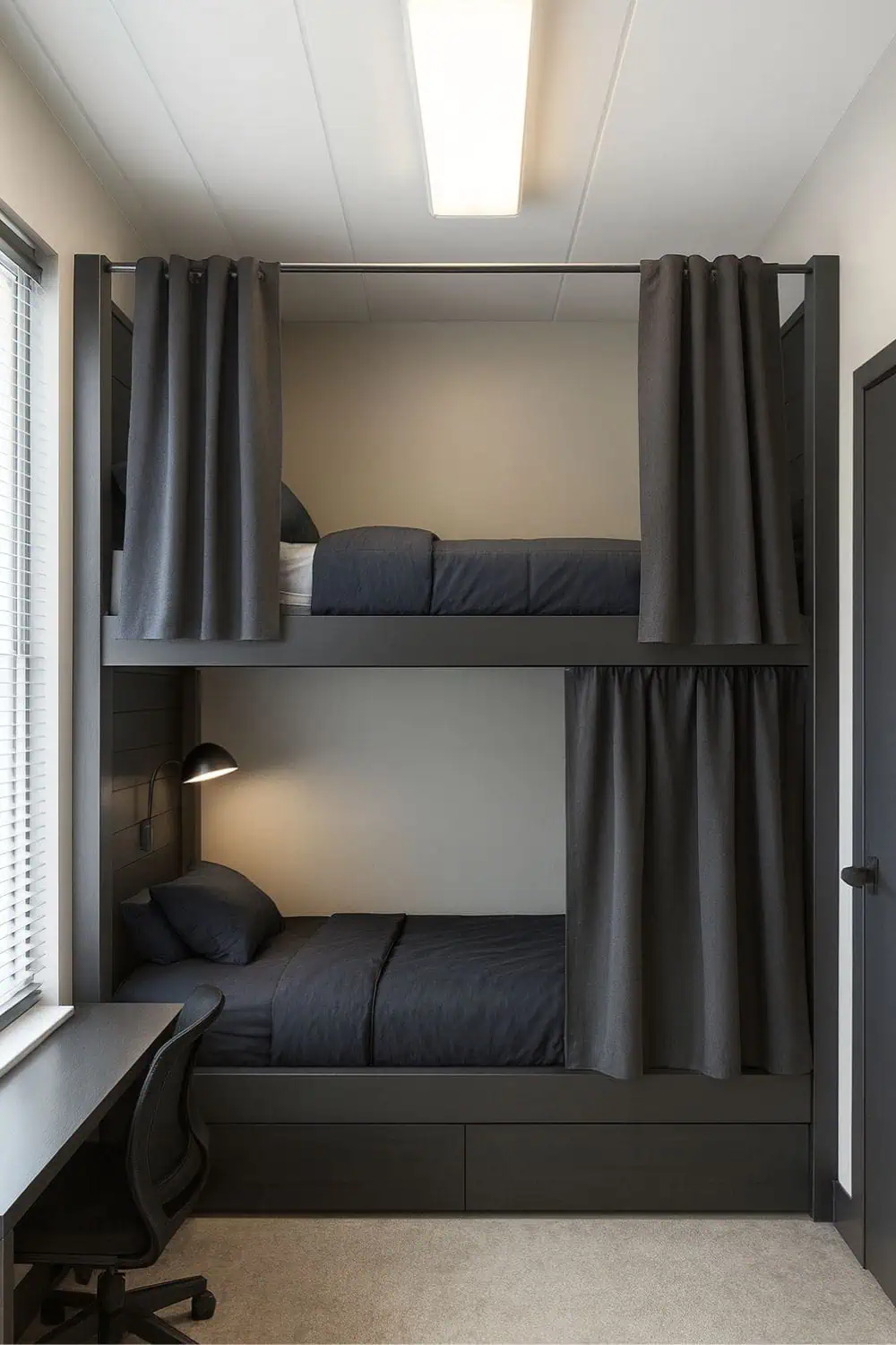 Lofted boys dorm bed with dark privacy curtains, modern bedding, and functional study space underneath, designed for small college dorm rooms that need extra privacy and organization.