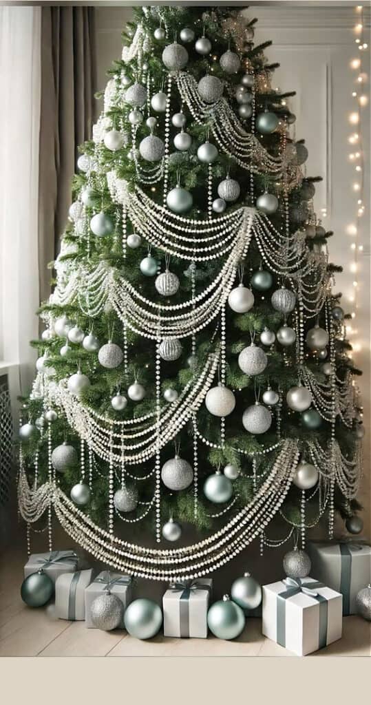 Elegant luxe glam Christmas tree decorated with silver and pearl garlands and metallic ornaments, a luxury holiday decor trend for Christmas this year