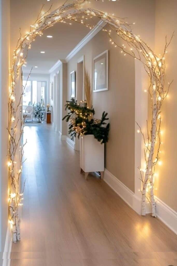 Christmas 2025 decor idea featuring a birch branch arch wrapped in warm fairy lights, with greenery and pinecones, blending smart lighting technology with a forest-inspired holiday theme.
