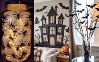 Easy DIY Halloween decorations including a glowing spider jar lantern, a paper haunted house wall display with bats, and a vase of branches with black paper bats.