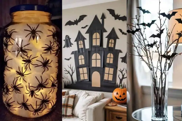 Easy DIY Halloween decorations including a glowing spider jar lantern, a paper haunted house wall display with bats, and a vase of branches with black paper bats.