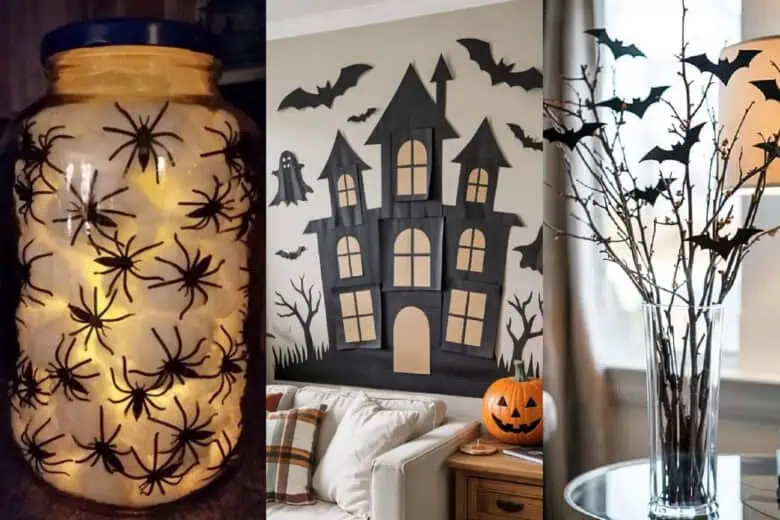 Easy DIY Halloween decorations including a glowing spider jar lantern, a paper haunted house wall display with bats, and a vase of branches with black paper bats.