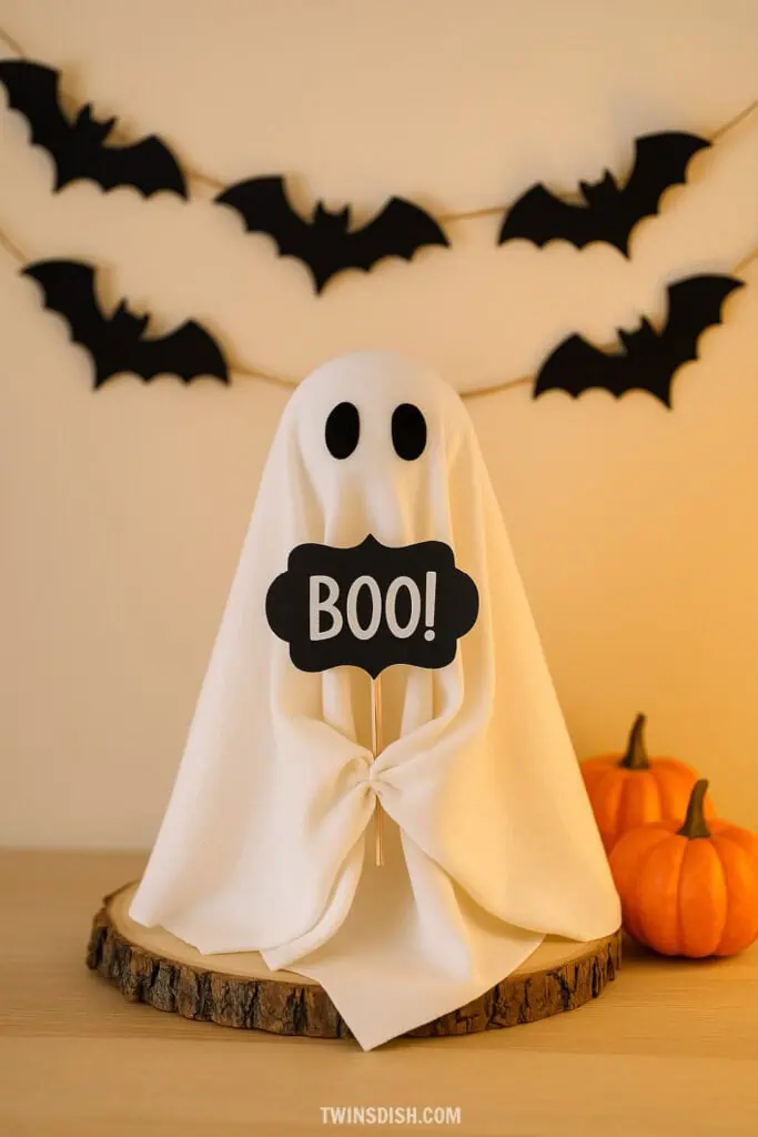 Easy DIY Halloween ghost decoration made with white fabric holding a ‘Boo!’ sign, displayed with mini pumpkins and black paper bats hanging on the wall.