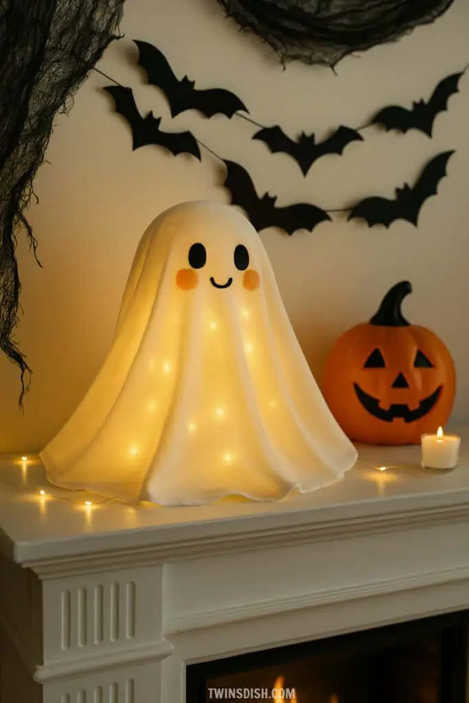 Cute DIY Halloween ghost decoration with glowing lights, smiling face, black bat garland on the wall, and a carved pumpkin on a white fireplace mantel.