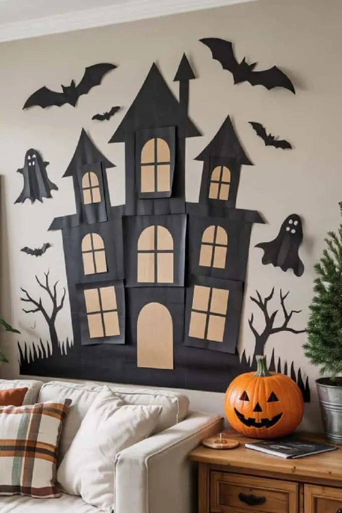 Easy DIY Halloween wall decoration with black paper haunted house, bats, ghosts, trees, and a carved pumpkin