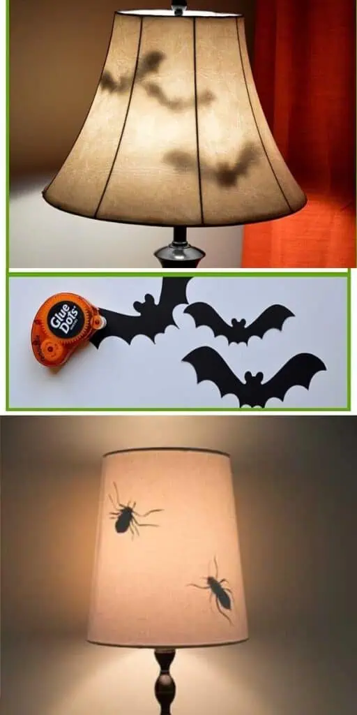 DIY Halloween lamp decor with paper bat and bug cutouts casting spooky shadows through a lampshade using Dollar Tree supplies.