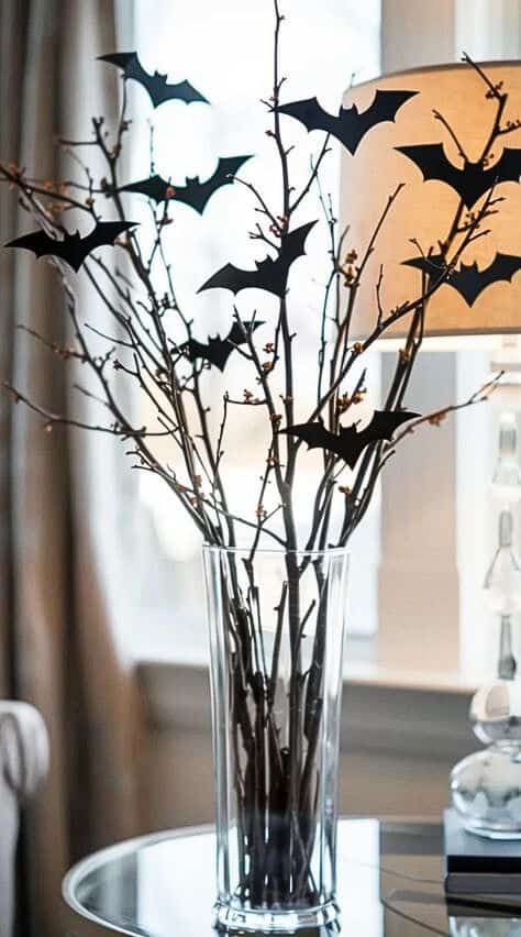 Tall glass vase of bare twigs with black paper bats—minimalist DIY Halloween centerpiece on a side table by a window.