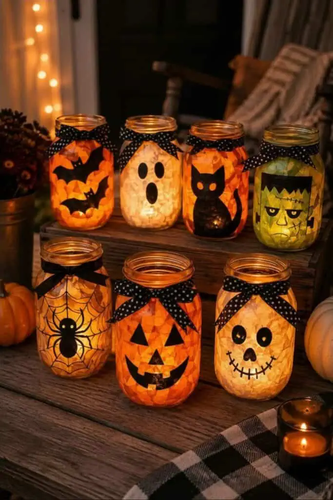 Seven glowing Halloween mason jar lanterns decorated with bats, a ghost, black cat, Frankenstein, spiderweb, jack-o’-lantern, and skull designs.