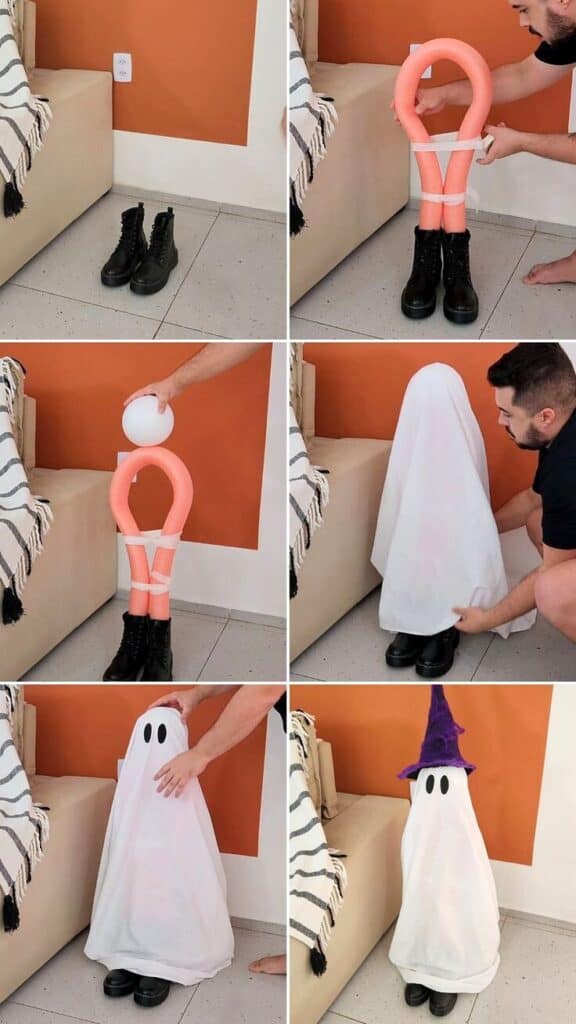 Step‑by‑step collage: DIY standing ghost made with pool noodles, boots, a foam ball, and a white sheet easy, cheap Halloween decor.