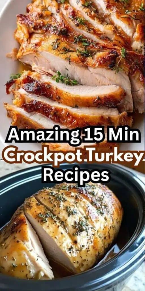 Sliced slow-cooked turkey breast in a crockpot, juicy and golden with herbs—easy 15-minute Thanksgiving crockpot turkey recipe.