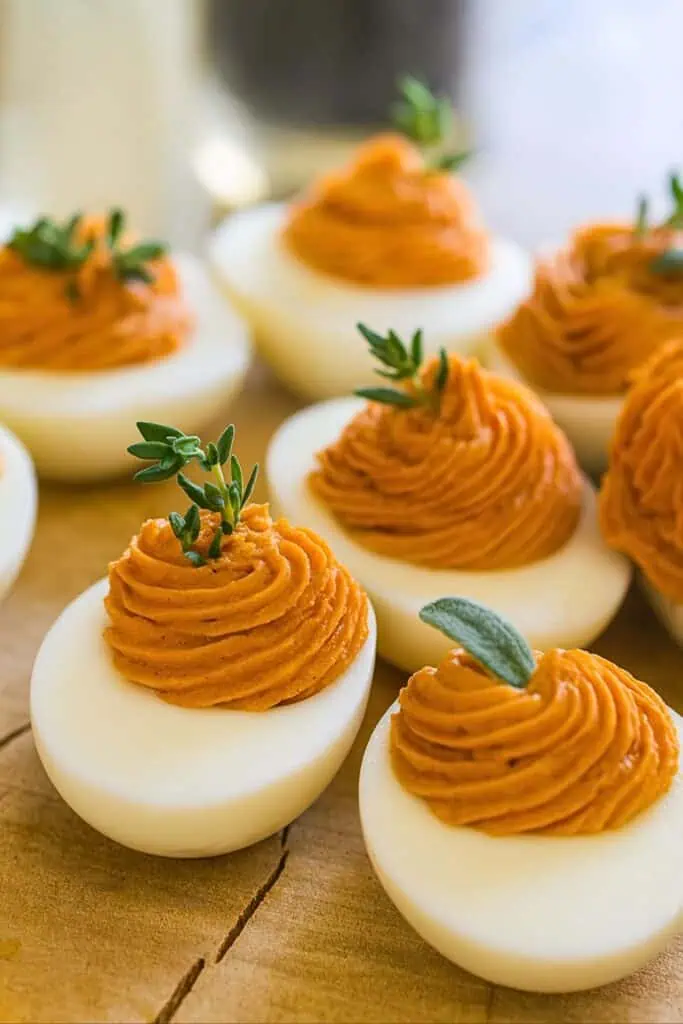 A plate of creamy, pumpkin-inspired Thanksgiving deviled eggs topped with herbs, styled on a rustic wooden surface. A quick and easy 15-minute appetizer that looks elegant and tastes gourmet for any holiday dinner.