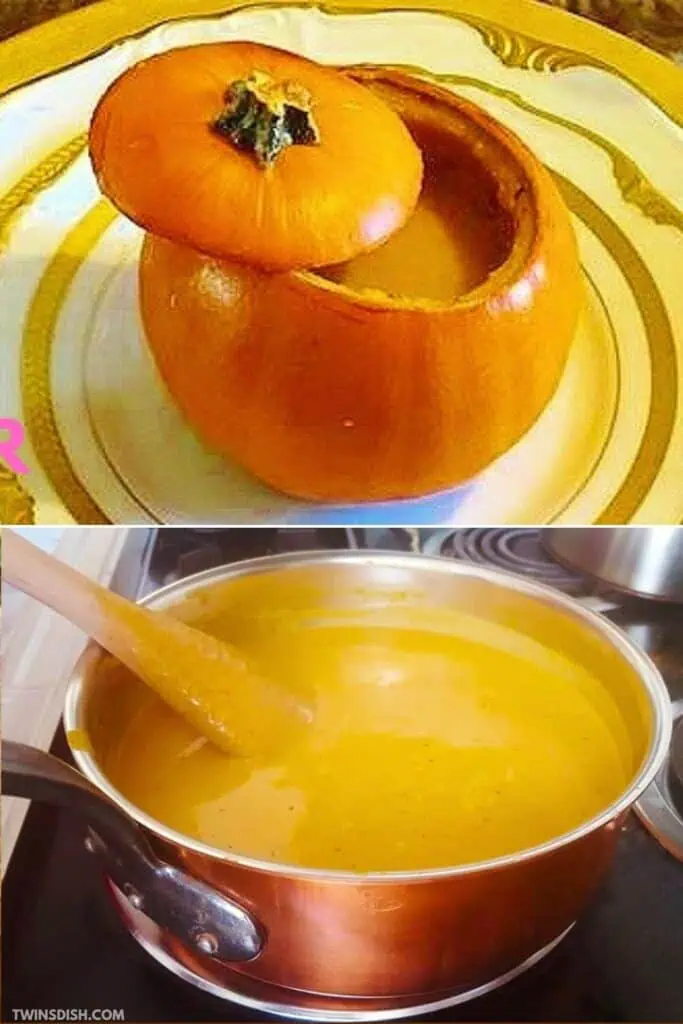 Creamy homemade pumpkin soup served in a pumpkin bowl and simmering in a copper pot — an easy 15-minute Thanksgiving recipe that looks gourmet and festive for fall gatherings.