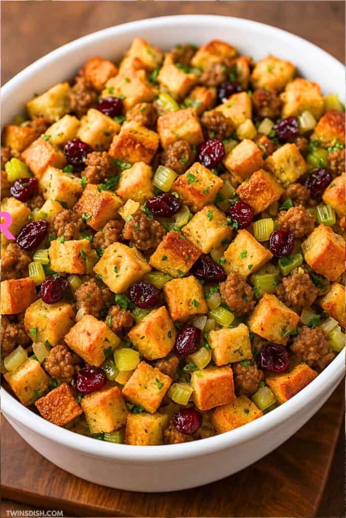 Golden-brown Thanksgiving stuffing made with bread cubes, sausage, celery, cranberries, and herbs, served in a white dish — an easy, gourmet-style holiday side dish ready in 15 minutes.