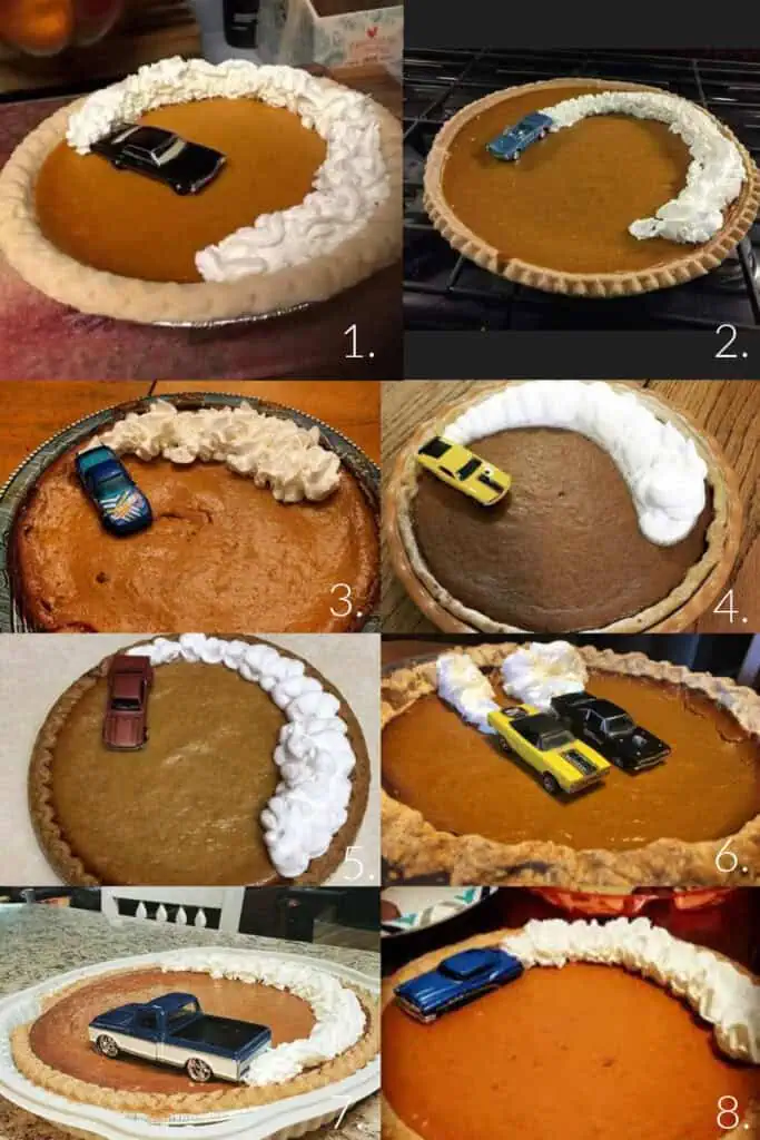 Collage of pumpkin pies decorated with toy cars and whipped cream tracks, creating a funny racing-themed Thanksgiving dessert idea.