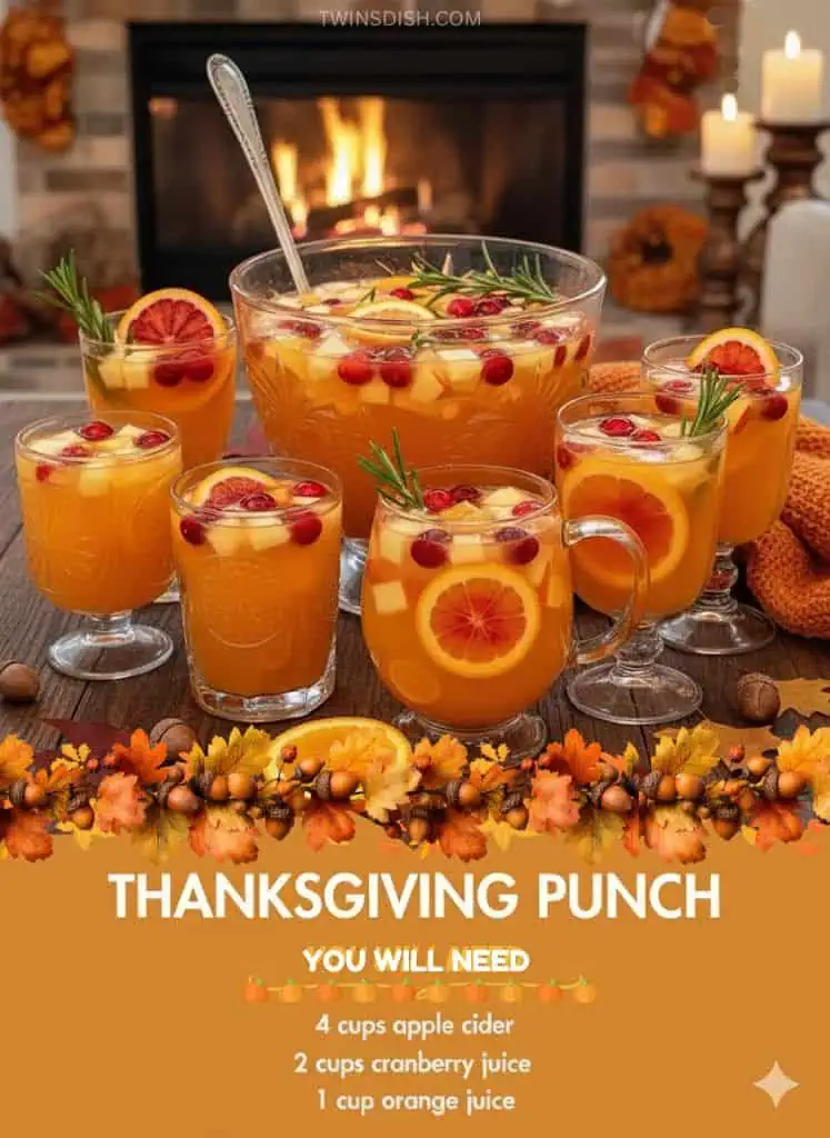 Non-alcoholic Thanksgiving punch in a punch bowl with fruit and fall decorations.