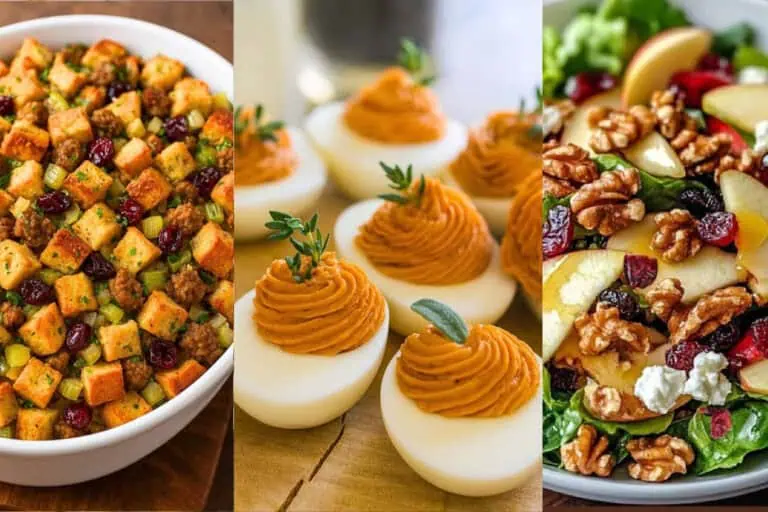 Quick and easy Thanksgiving stuffing, orange deviled eggs, and cranberry walnute salad