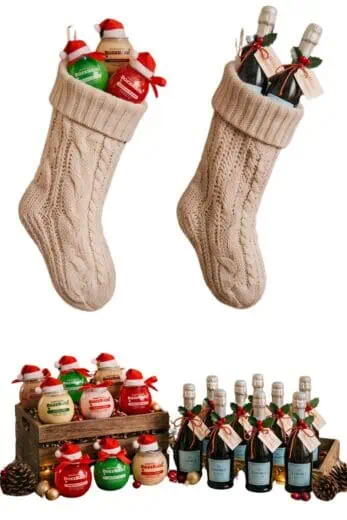 Christmas stocking stuffer ideas for adults featuring mini alcohol bottles, BuzzBallz cocktails, and mini champagne bottles in knit stockings and rustic gift crates.