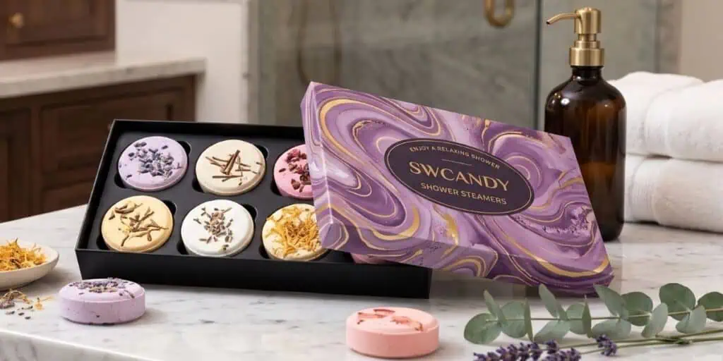 Colorful shower steamer gift set in a purple box displayed on a bathroom counter as an affordable Christmas stocking stuffer idea.