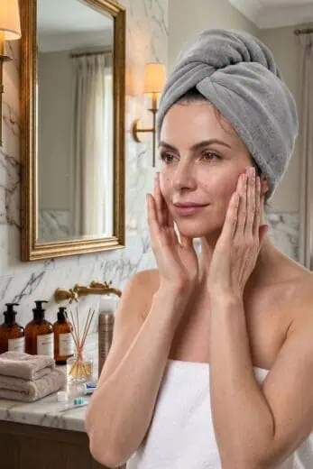 Woman wearing a gray microfiber hair towel wrap after a shower, a practical Christmas stocking stuffer and self-care gift idea for women.