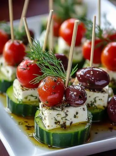 Mediterranean cucumber bites topped with feta cheese, cherry tomatoes, olives, fresh herbs, and olive oil served as a healthy appetizer.