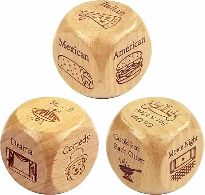 Wooden date night dice for couples featuring dinner and activity ideas like Italian food, movie night, comedy, drama, and cook for each other, perfect for Valentine’s Day, anniversaries, and romantic date night inspiration.