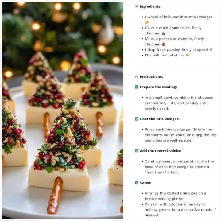 Christmas brie cheese wedges decorated like trees with cranberries, nuts, parsley, and pretzel sticks on a holiday platter.