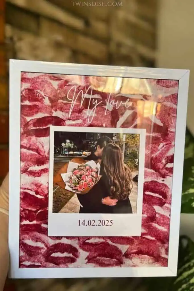 DIY lipstick kiss picture frame gift for a boyfriend with a couple’s photo, romantic date and “My Love” message