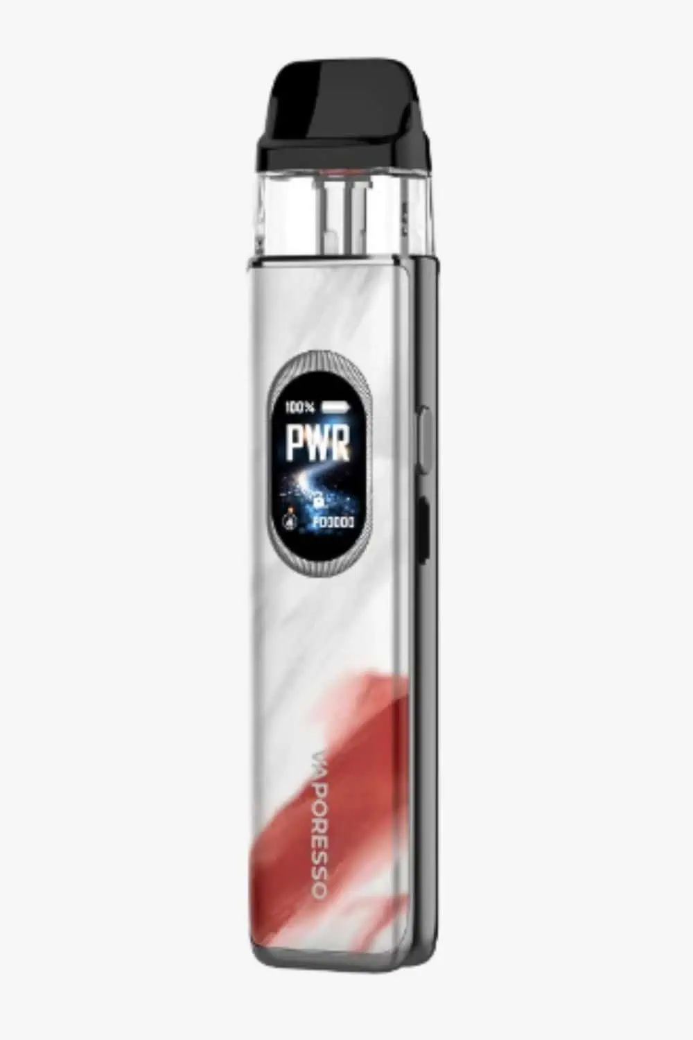 White and red Vaporesso pod vape device with a black mouthpiece, transparent pod, side controls, and digital display.