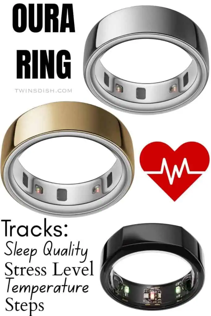 Oura Ring smart health tracker showing sleep tracking, stress monitoring, body temperature trends, and daily activity in silver, gold, and black finishes.