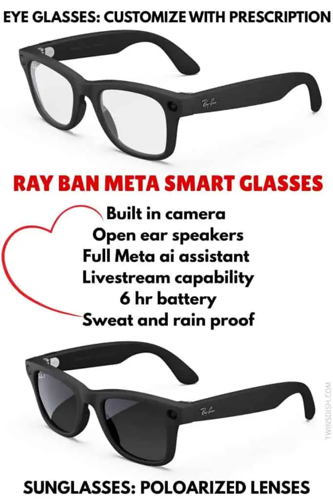 Ray-Ban Meta smart glasses with built-in camera, open-ear speakers, Meta AI assistant, and polarized sunglasses lenses.