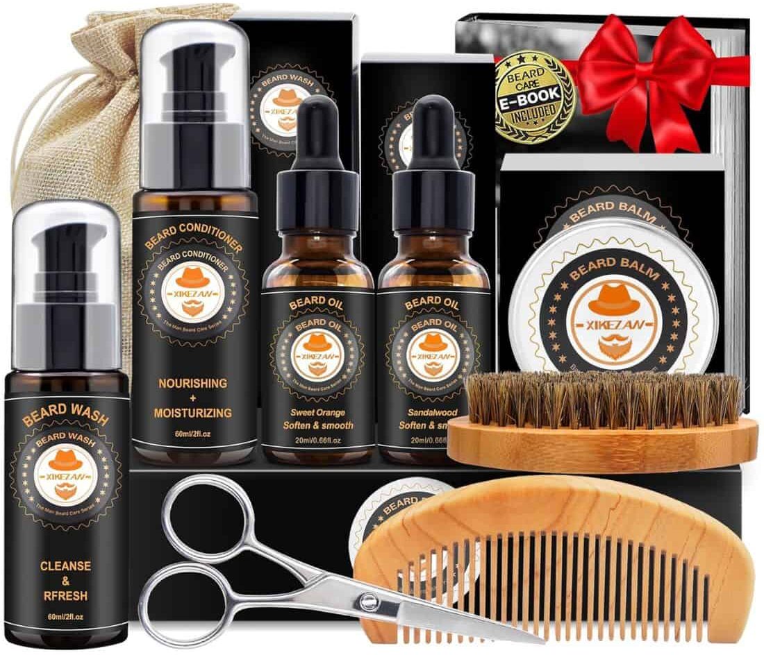 Beard grooming gift set for men, soft, not greasy with beard oil, beard wash, conditioner, balm, comb, brush, and scissors—popular gifts for him including boyfriend, husband, dad, grandpa, or father. Practical men’s self-care and beard care gift idea for Valentine’s Day, Father’s Day, Christmas, or birthdays.