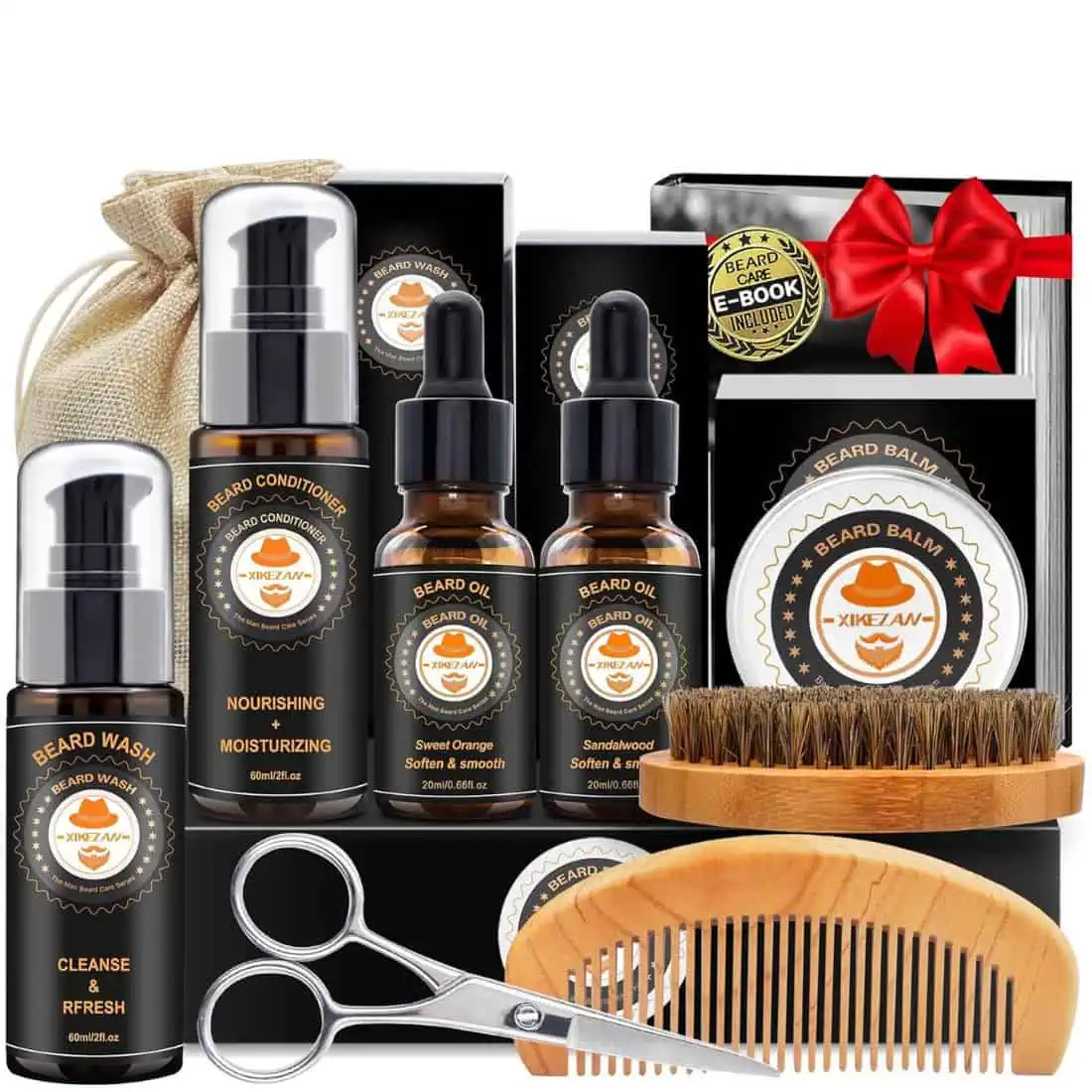Beard grooming gift set for men, soft, not greasy with beard oil, beard wash, conditioner, balm, comb, brush, and scissors—popular gifts for him including boyfriend, husband, dad, grandpa, or father. Practical men’s self-care and beard care gift idea for Valentine’s Day, Father’s Day, Christmas, or birthdays.