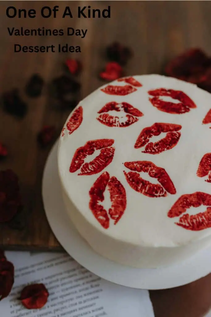 White Valentine’s Day cake decorated with red lipstick kiss prints