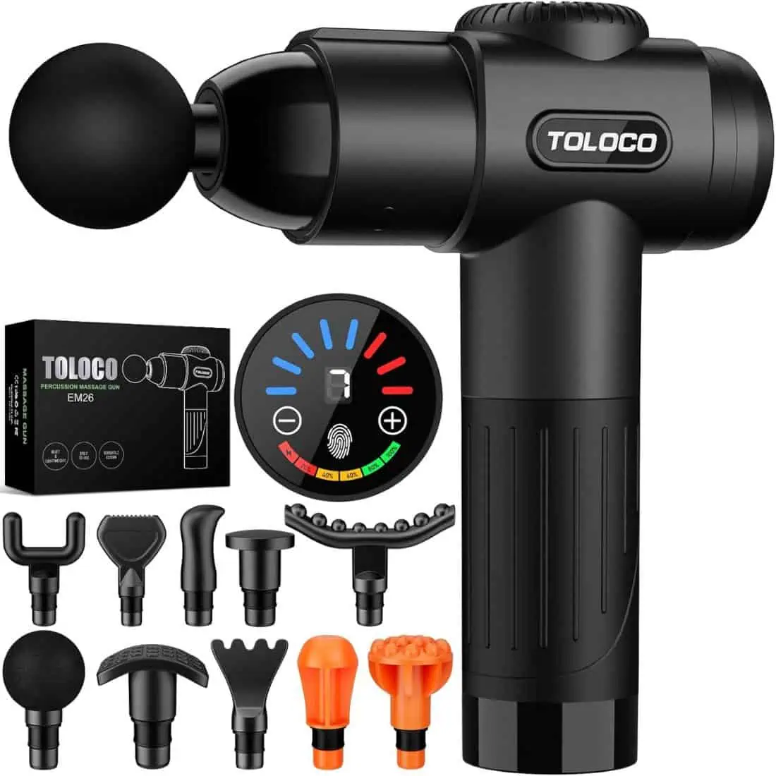 TOLOCO percussion massage gun with multiple interchangeable massage heads and digital intensity display. Powerful deep tissue massage tool designed to relieve muscle soreness, improve recovery, and reduce tension. Practical gift idea for boyfriend, husband, dad, grandpa, or father. Popular men’s gift for Valentine’s Day, Father’s Day, Christmas, birthdays, or fitness-focused gift guides.