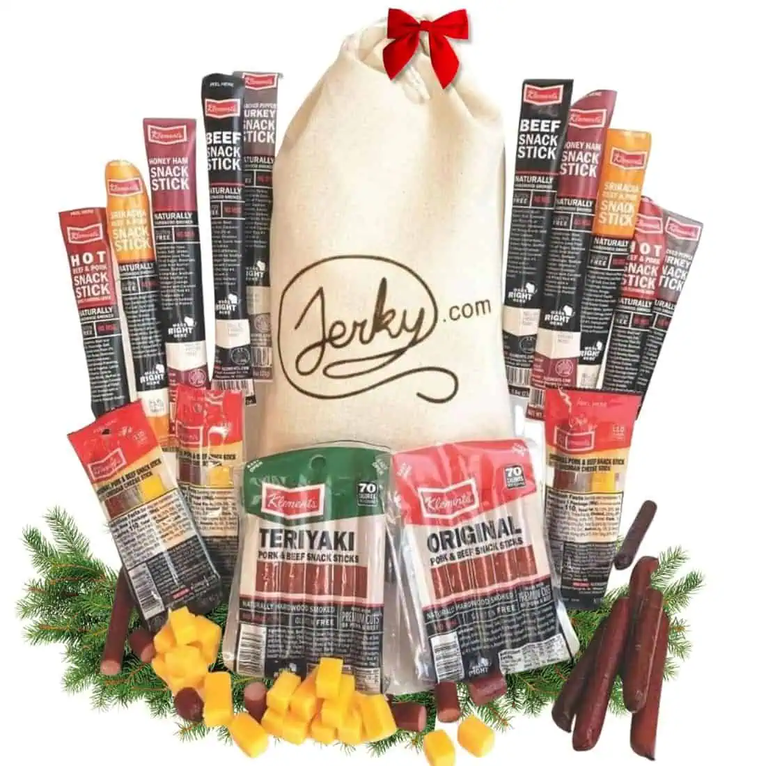 Beef jerky gift assortment with snack sticks and cheese, presented in a gift bag, a fun and savory gift idea for boyfriend, husband, dad, or grandpa. Popular men’s gift for Valentine’s Day, Father’s Day, Christmas, birthdays, or game day snacks.