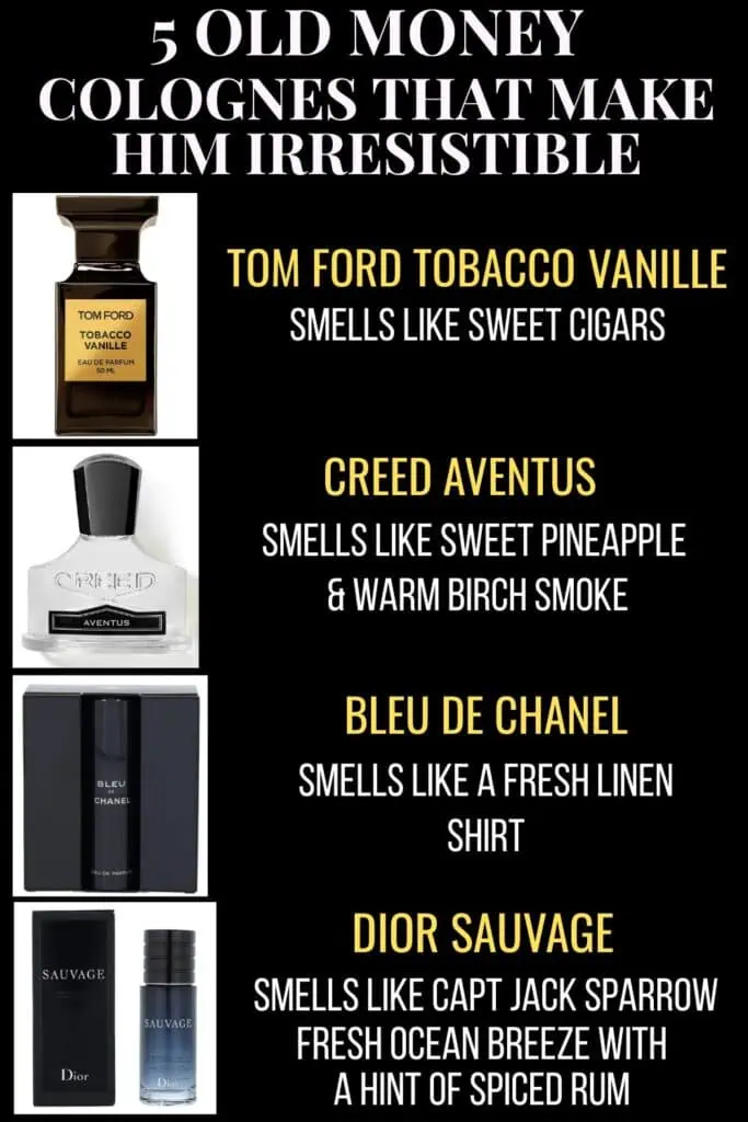 Graphic showcasing five luxury “old money” men’s colognes including Tom Ford Tobacco Vanille, Creed Aventus, Bleu de Chanel, and Dior Sauvage, with scent descriptions highlighting rich, masculine, and irresistible fragrance notes.
