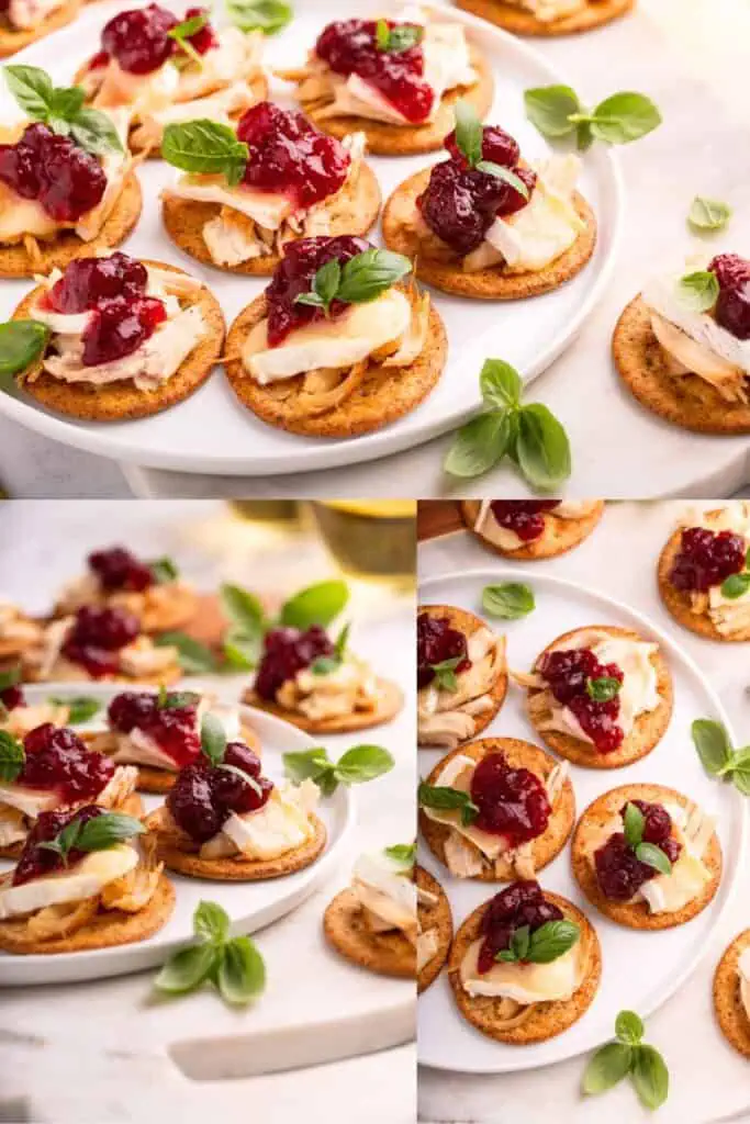 Close-up of 10-minute holiday appetizers featuring seasoned crackers topped with turkey, cranberry sauce, melted brie, and fresh basil, arranged on a white plate—perfect for Christmas Eve, potlucks, and New Year’s Eve parties.