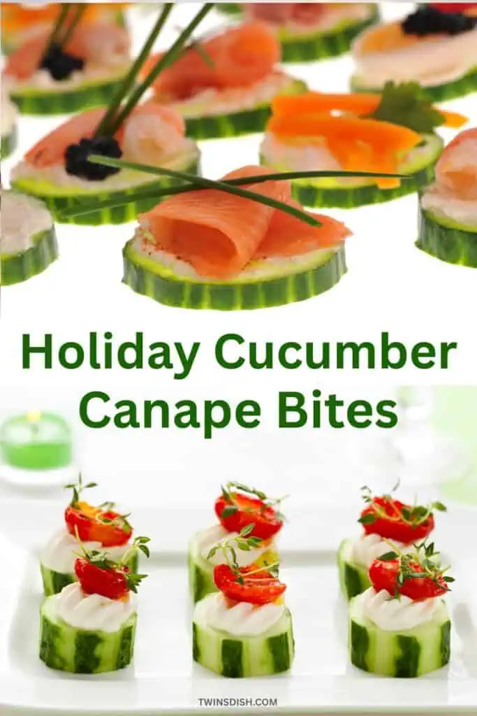 Holiday cucumber canapé bites topped with cream cheese, smoked salmon, shrimp, and cherry tomatoes, easy 10-minute no-bake party appetizers.