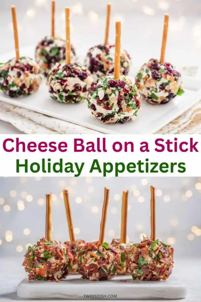 Cheese ball on a stick holiday appetizers made with cream cheese, herbs, nuts, and pretzel sticks, easy no-bake 10-minute party bites.