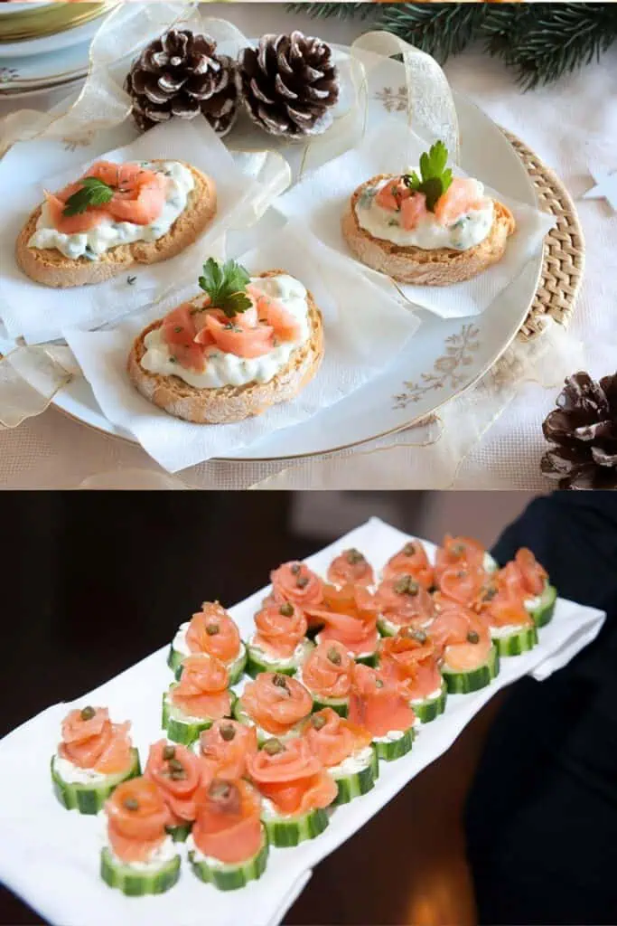 Smoked salmon appetizer bites on crackers and cucumber, easy no-bake 10-minute holiday party appetizers perfect for a crowd.