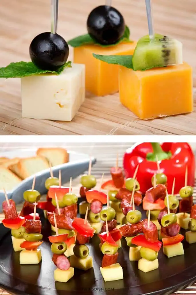 Easy cheese and antipasto skewers with cheese cubes, olives, salami, peppers, and fruit, simple 10-minute make-ahead holiday appetizers for a crowd.