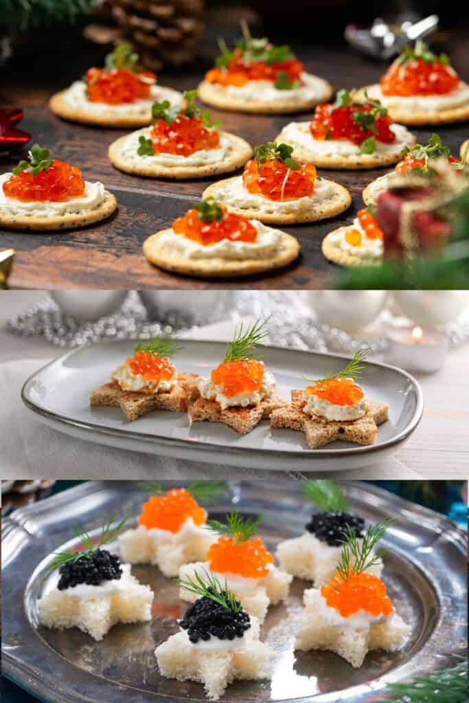 Easy caviar appetizer bites made with crackers, toast, and bread topped with cream cheese and caviar, simple 10-minute no-bake holiday finger food.