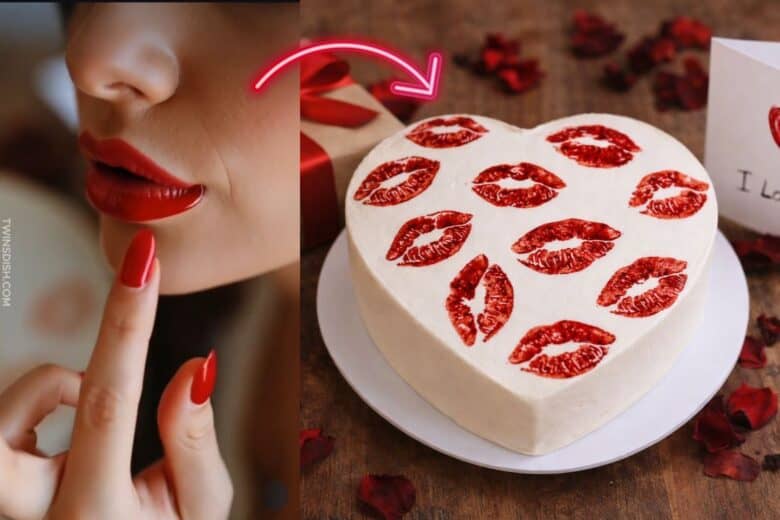 Split banner image showing a close-up of a woman’s red lips on the left and a heart-shaped kiss print cake on a wooden table on the right.