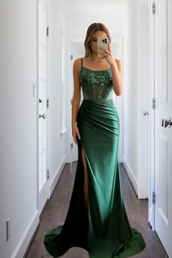 Girl wearing emerald green satin prom dress with sparkly corset bodice, thigh slit, and mermaid silhouette taking mirror selfie indoors.