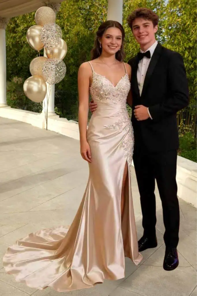 Teen girl wearing elegant champagne mermaid prom dress with lace bodice, satin train, and slit standing with date in tuxedo at prom venue.