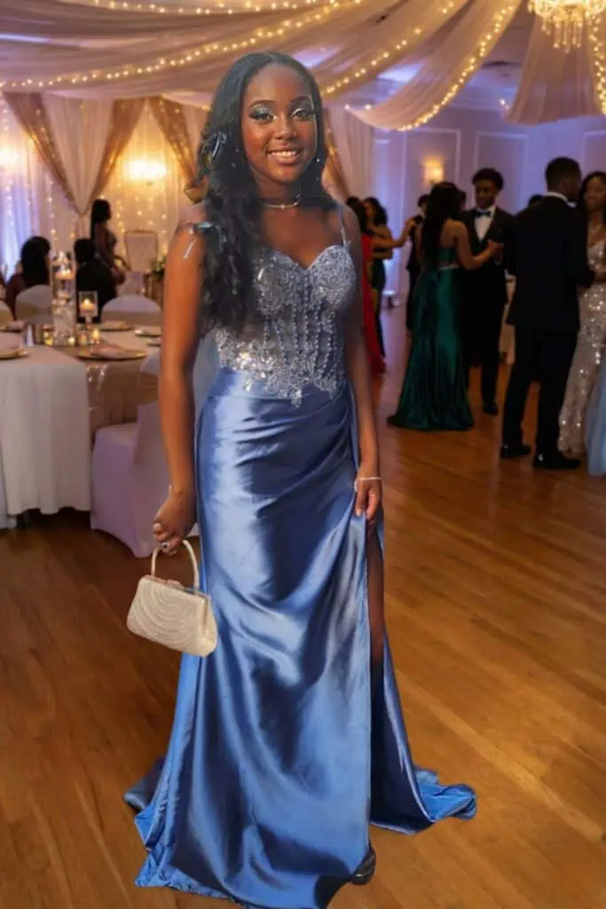 Icy blue sparkly prom dress with embellished corset bodice and satin skirt elegant affordable formal gown